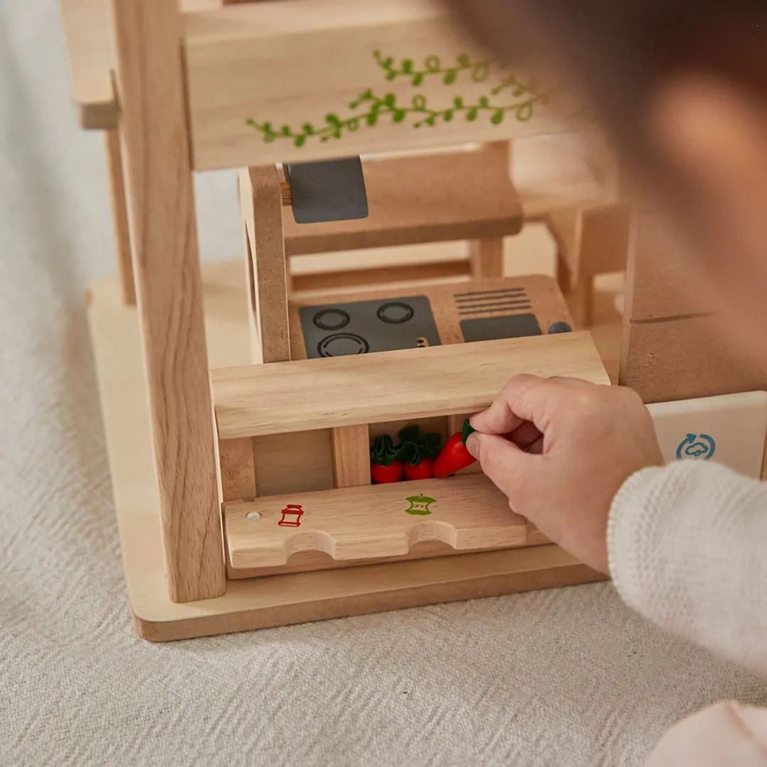 PlanToys Green Dollhouse maison de poupée verte avec meubles bois