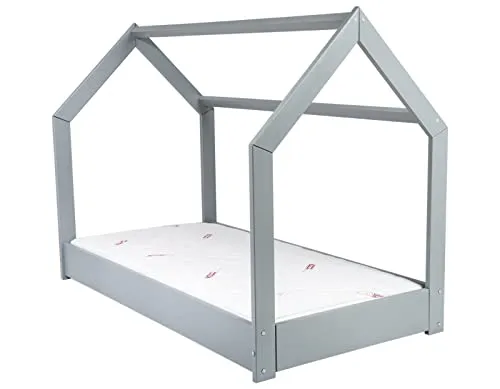Velinda Maison cabane lit enfant 160x80 gris matelas Standard pin