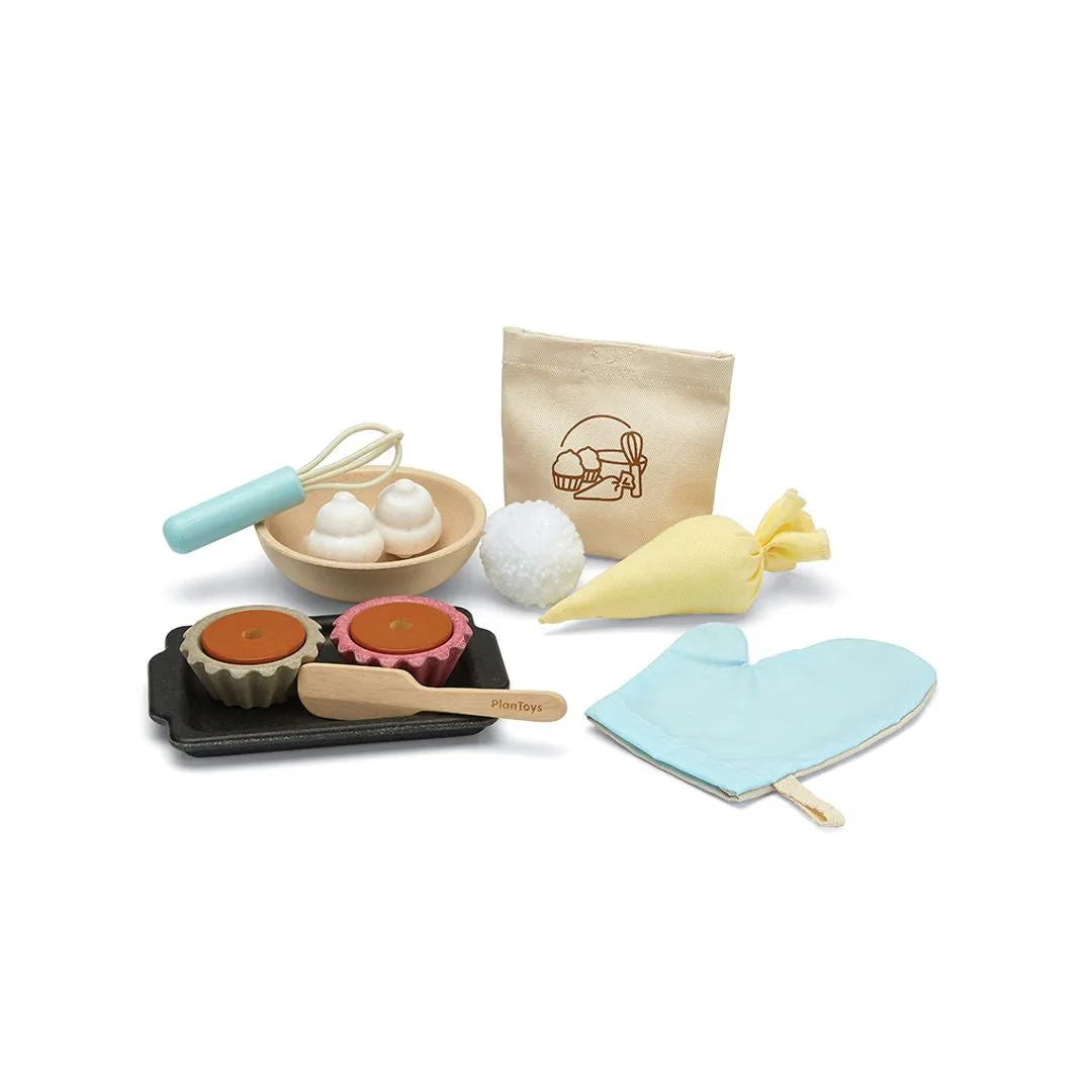 PlanToys Cupcake Set dinette pâtisserie bois 9 pièces