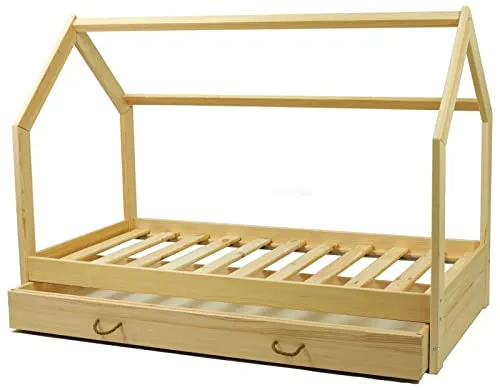 Velinda Scandinave lit maison enfant 160x80 bois naturel + tiroir
