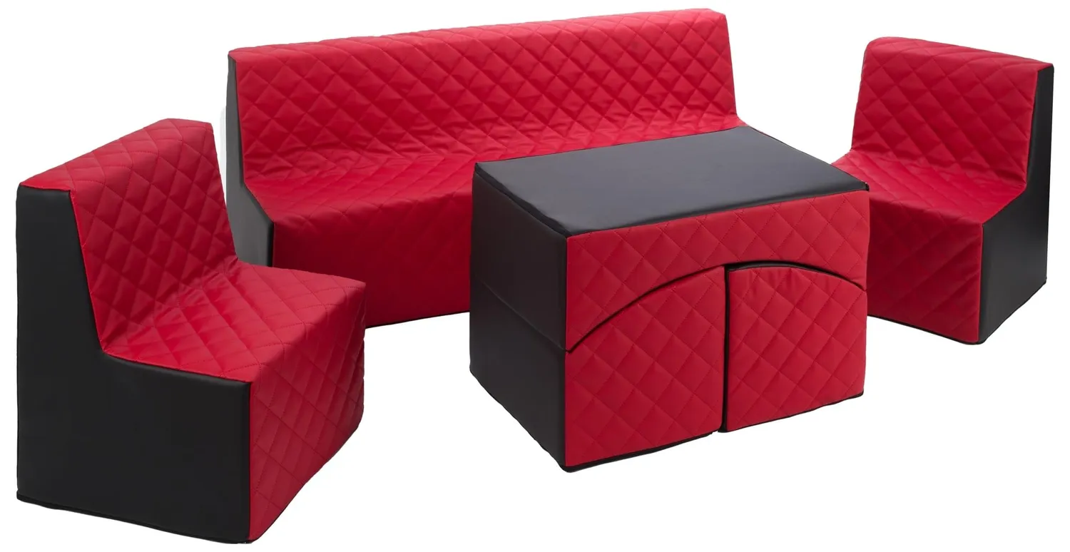 Velinda Repos 2 fauteuils + canapé + pouf noir rouge