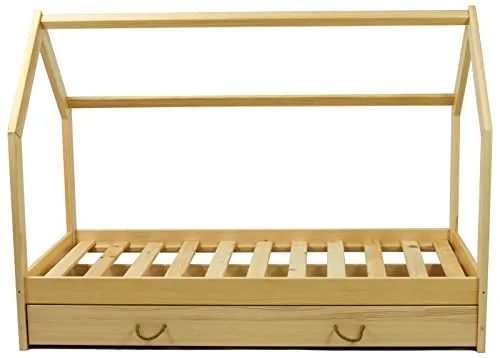 Velinda Scandinave lit maison enfant 160x80 bois naturel + tiroir