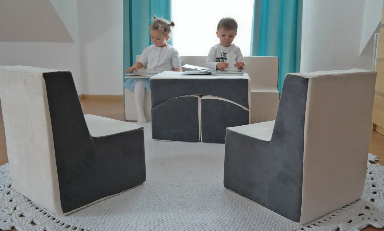 Velinda Fauteuil + Canapé + Pouf Dépliant Canapé Enfant Gris-Beige