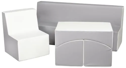 Velinda Ensemble Fauteuil Canapé Pouf Enfant Blanc Gris Éco-cuir