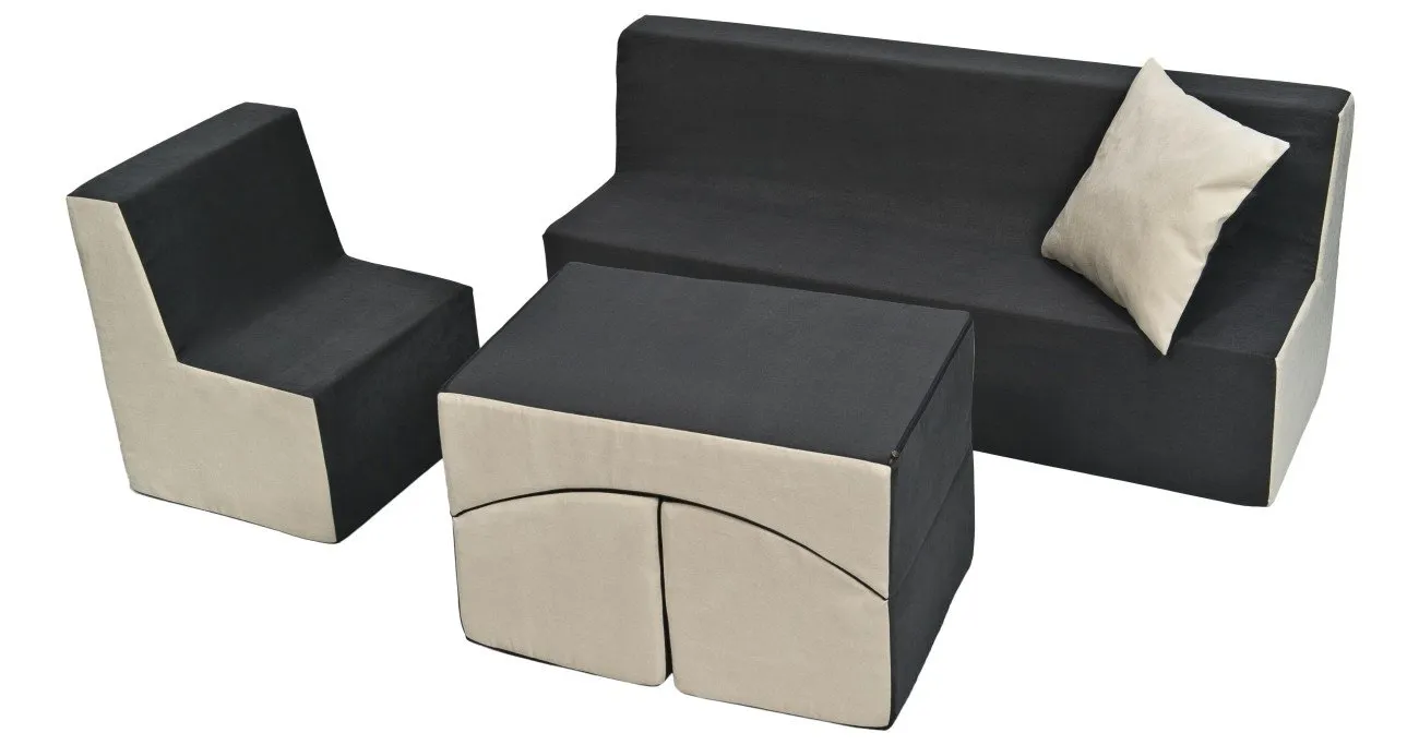 Velinda Fauteuil + Canapé + Pouf Dépliant Canapé Enfant Gris-Beige
