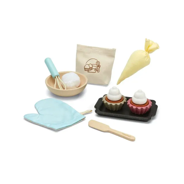 PlanToys Cupcake Set dinette pâtisserie bois 9 pièces