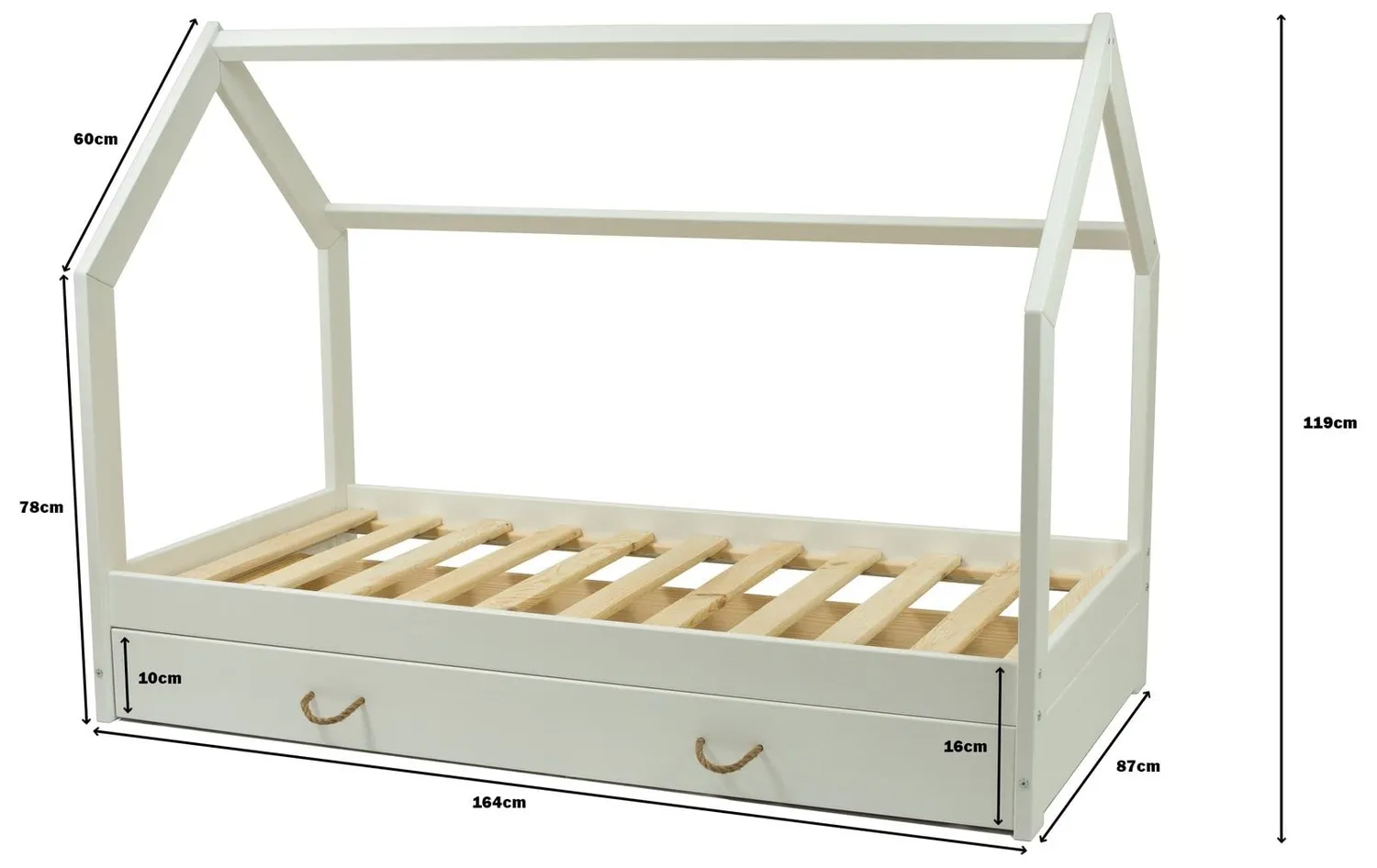 Velinda Scandinave lit maison enfant 160x80 bois naturel + tiroir