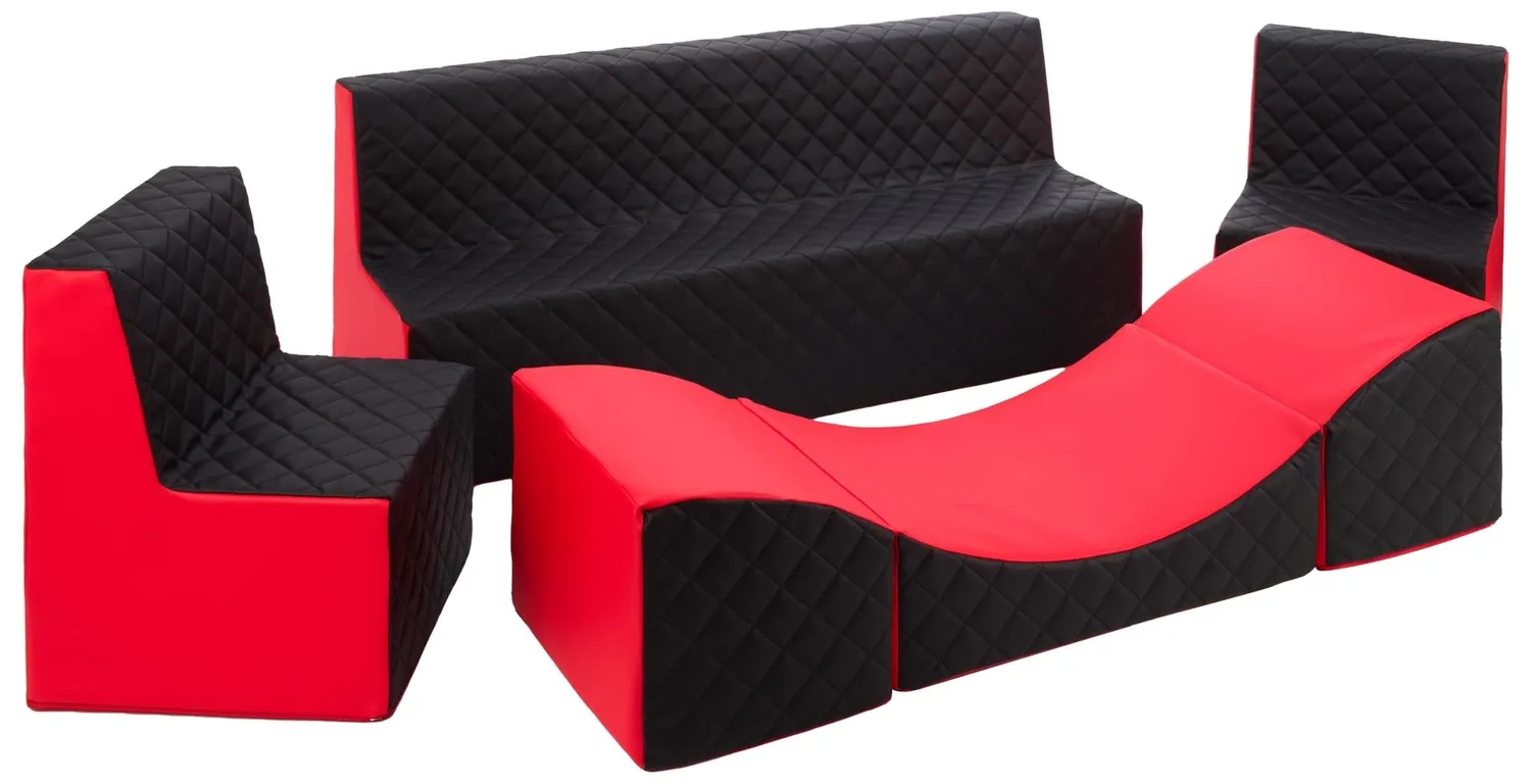 Velinda Repos 2 fauteuils + canapé + pouf noir rouge