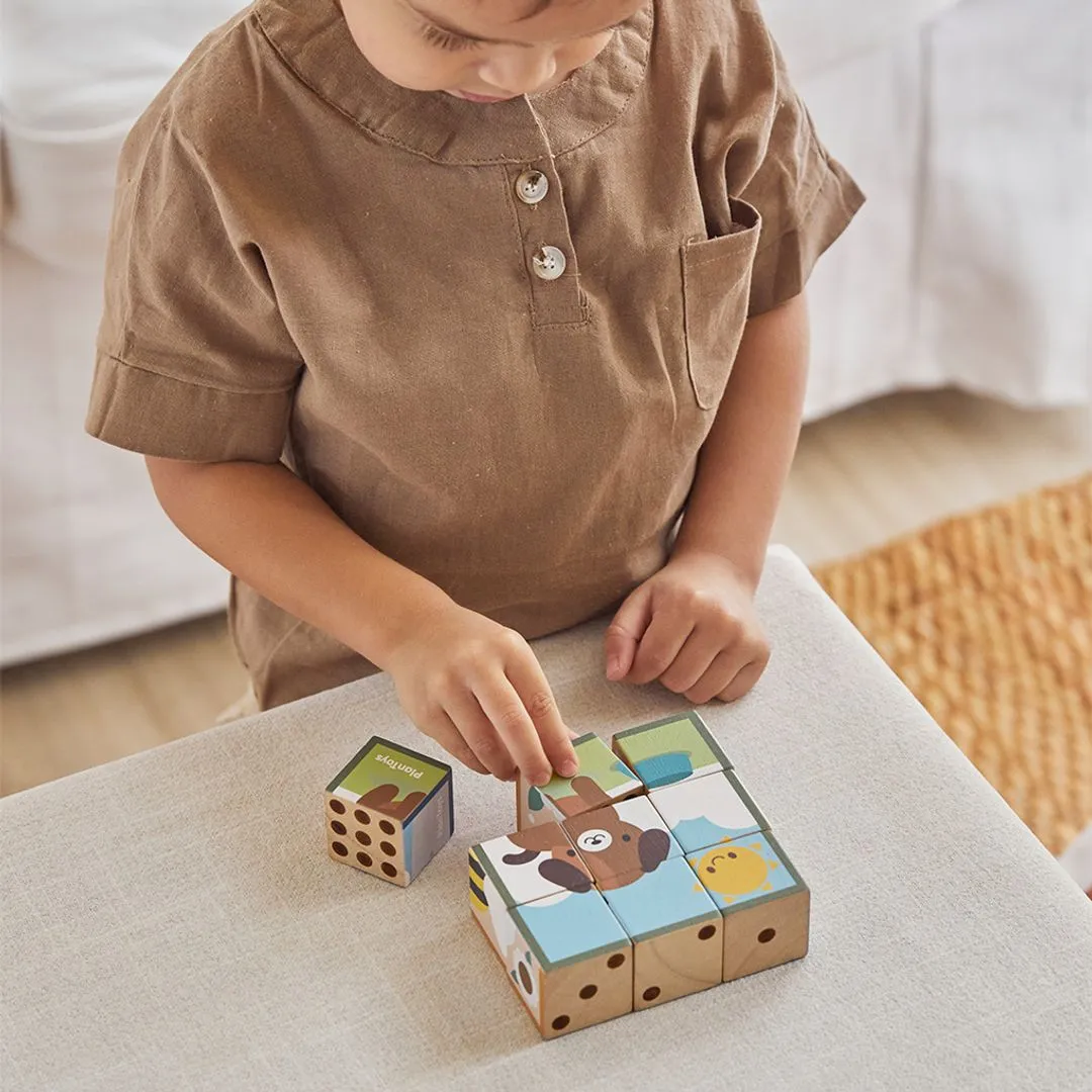 PlanToys Animal Puzzle Cubes puzzle bois 9 cubes