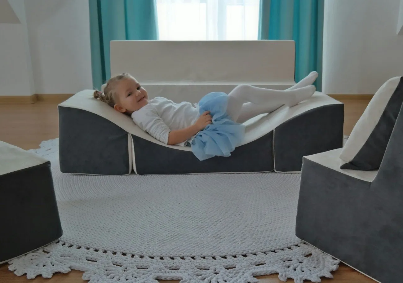 Velinda Fauteuil + Canapé + Pouf Dépliant Canapé Enfant Gris-Beige