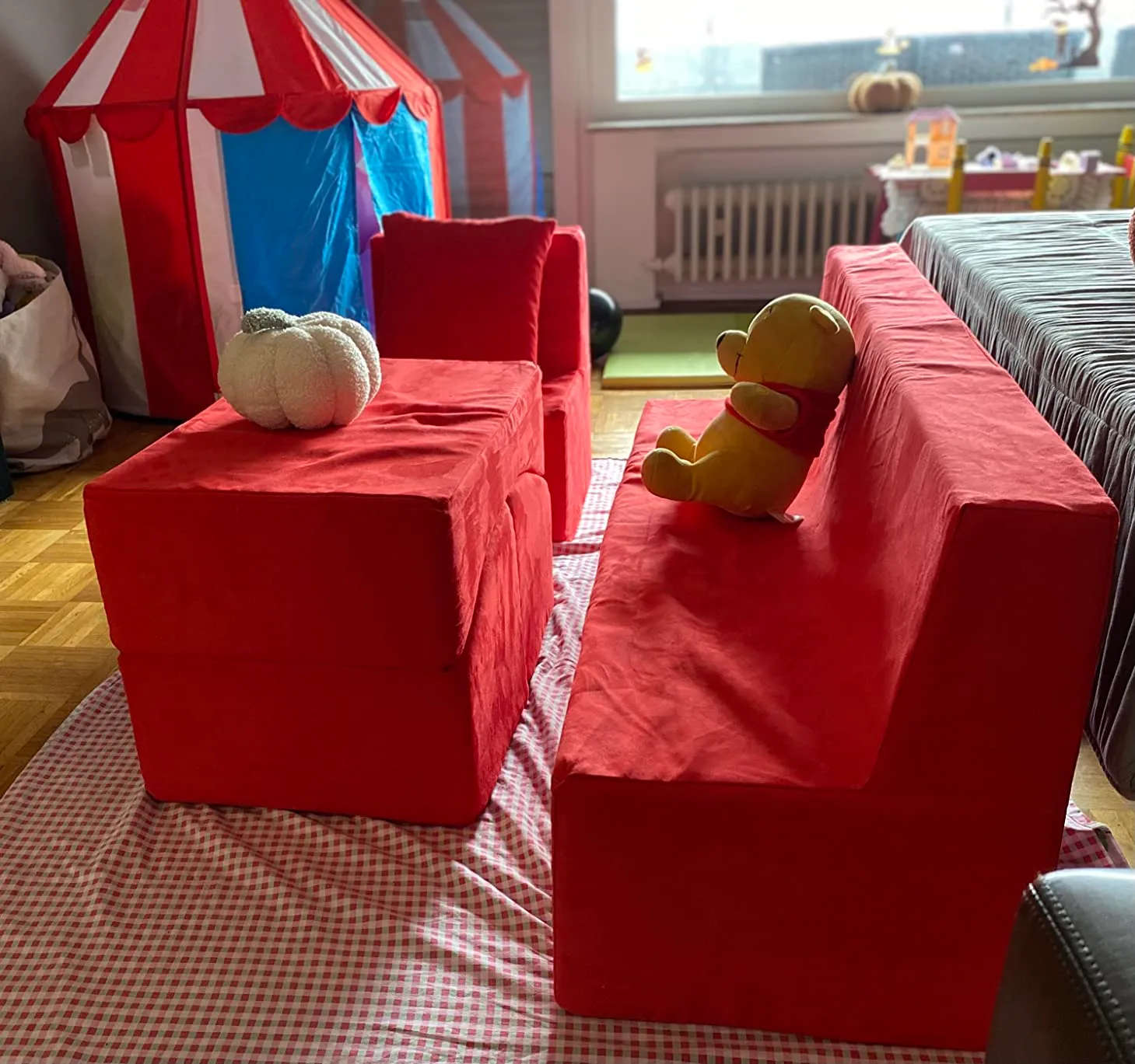 Velinda Fauteuil + Canapé + Pouf Dépliant Canapé Enfant Gris-Beige