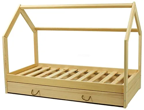 Velinda Scandinave lit maison enfant 160x80 bois naturel + tiroir