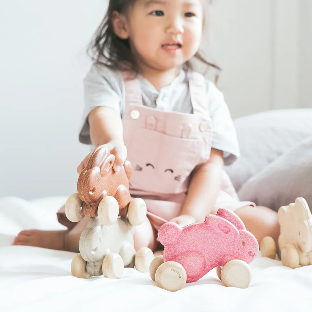 PlanToys Lapin Jouet à pousser rose bois dès 12 mois