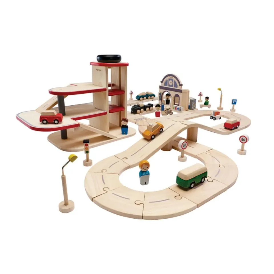 PlanToys City Transit Rail & Road circuit train 65 pièces bois