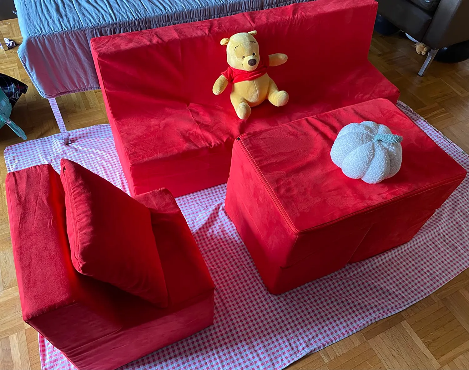 Velinda Fauteuil + Canapé + Pouf Dépliant Canapé Enfant Gris-Beige